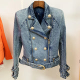 Fongt 2025 New Women's Coat Lion Buckle Double Zipper Wash Denim Locomotive Small Suit Jacket
