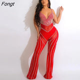 Diamonds Sheer Mesh Patchwork Jumpsuit Women Sexy V Neck Spaghetti Straps Backless Flare Pants Clubwear Party
