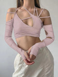 Fongt Summer Women's Solid Color Sling Hanging Neck Exposed Navel Dew Back Sleeve Women's Jacket-Outfit