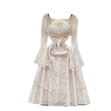 Fongt High-End Heavy Industry Nail Drill Three-Dimensional Flower Square Collar Horn Sleeves To Close The Waist Hollow Lace Dress 20