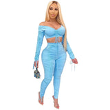 Up Drawstring Two Piece Set Women Off Shoulder Crop Top Ruched Stacked Pants Elegant 2 Piece Set Club Outfits Matching Sets-Outfit