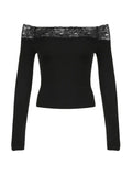 Lace Splice Off Shoulder Long Sleeve Tee-Outfit