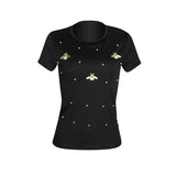 Women Yellow Short Sleeve Pearl Beading T-shirt Ladies Casual Tops Butterfly Solid Round Neck Summer Basic T Shirt-Outfit