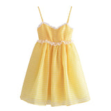 Yellow Plaid Puff Babydoll Mini Dress-Outfit