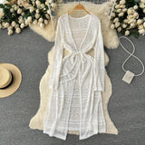 Fongt Spring And Summer Leisure Cardigan Dress Female Feeling Hollow Out Travel Vacation Wind Open Fork Long Shawl Tide-Outfit