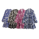 Fongt Single-Dlong Short Dress 2025 Spring/Summer V-Neck Print Long-Sleeved Loose Miniskirt