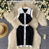 Fongt Luxury High Sense Sleeveless Knitted Dress Female Polo Collar Single Buckle Design Niche Sister Temperament Dress