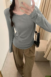 Color Round-Neck Mask T-Shirt Women's Long-Sleeved Spring New Stretch Hem Top With Bottom