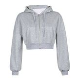 Solid Color Casual Zip Up Cropped Hoodie-Outfit