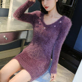 Mink Furry Sweater Women Autumn Winter Embroidery Elasticity Knit Bottoming Pullover Hippocampus Sexy Package Hip