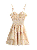 Spaghetti Strap Floral Mini Dress Casual Summer Boho Beach Style Sundresss Women Elegant Waist Hollow Out
