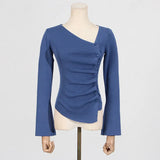 Fongt 2025 Autumn New Temperament Folding Irregular Oblique Shoulder Design Long-Sleeved Knitted Top Woman