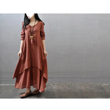 Fongt Spring And Autumn New Fake Two Long Dress Literary And Wide Linen Dress Loose Long-Sleeved Solid Cotton Dress