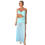 Fongt Belt Hollow Open Fork Dress Women's Solid Color Sexy Body Repair Chest High Waist Dress 8111