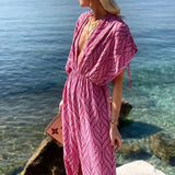 Fongt Hot Style Women's Fashion Deep V Collar Long Print Beach Holiday Dress-Outfit
