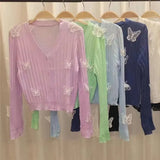 Summer V-neck Short Knitted Sweaters Korean Butterfly Thin Cardigan Long Sleeve Sun Protection Crop Top Ropa