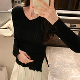 Thin Korean Horn Sleeve Knitted Sweater New Sweet Slim And Forked Underwear In Autumn And Winter-Outfit