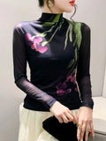 Printed Positioning Flower Double-Layer Mesh T-shirt Women Stretch Slim Full Sleeve Tees Tops HF8772-Outfit