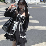 and Autumn Mori Girl Style Dress Women Ruffles Patchwork Square Collar Japan Lace Up Female Black