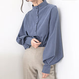 Sense Niche 2023 Spring Grinding Hair Loose Show Thin Stand Collar Lantern Sleeve Foreign Style Long Sleeve Shirt-Outfit