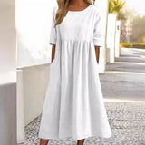 Fongt Cotton-Sleeved Short-Sleeved Pocket Folded Loose Round-Neck Dress In Summer