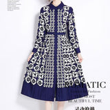 Fongt Light Luxury Feudist Temperament Long-Sleeved Clapping Waist Thin Single Buckle A Word Positioning Print Dress