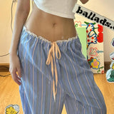 Fongt Wind Dopamine Contracted Stripe Casual Pants Female Low Waist Lace Splicing Straight Tube-Outfit
