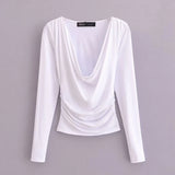 Fongt Autumn New Women's Simple Folded Long-Sleeved Folded T-Shirt