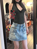 Black Polka Dot Cut Out Tie Up Top-Outfit