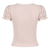 Sweet Bandage Bow Crop Top Pink Cute Coquette Ruched Short Sleeve T Shirt Summer Casual Square Collar Tees y2k Aesthetic-Outfit