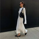 Fongt Women's Clothing 2025 Spring Knit Round Neck Pit Striped Syringe Horn Sleeve Tie Solid Color Casual Dress Girl