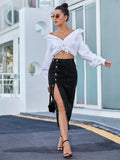 Side Slit Buttoned Denim Midi Skir-Outfit