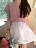 Round Neck Bow Print Short Sleeved Knitted Top-Outfit