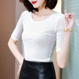 Thin Mesh T-shirts Women O-neck Half Sleeve Bottoming Tee Girls Solid Slim T shirts Tops For Female-Outfit