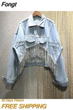 And Summer 2023 New Denim Outerwear Loose Diamond Chain Tassel Streetwear Turn-Down Collar Jacket