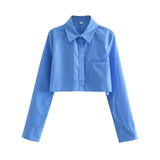 Trend Women's Lapel Long Sleeves Chest Pocket Short Shirt Single-Breasted Solid Color Blouse-Outfit
