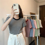 Summer Round Collar Thin Striped Ice Knitted Jersey Short-Sleeved T-Shirt Blouse