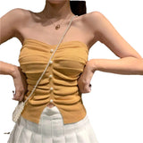 Red Chic Sexy Knitted Pearl Decorative Chest Vest Summer Folding Inside The Trim Bottom Wrapped