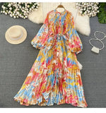 Quality Light Extravagant Lantern Long Sleeved Round Collar Waist Slim Single Breasted Printed Dress Elegant Long Skirt-Outfit