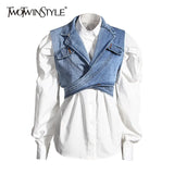 Elegant Two Piece Set For Women Lapel Puff Sleeve Shirt Sleeveless Denim Cross Coat Casual Sets Female 2020