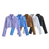 Trend Women's Lapel Long Sleeves Chest Pocket Short Shirt Single-Breasted Solid Color Blouse-Outfit