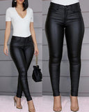 Fongt Women's Pants Solid Color PU Leather Pants Sexy Small Foot Pants Spicy Trousers High Waist Thin