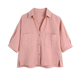 Women Fashion With Pockets Loose Cropped Blouses Vintage Short Sleeve Button-up Female Shirts Blusas Chic