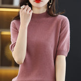Fongt And Summer Loose And Versatile Wool Knit Short Sleeve Women Plus-Size Round-Neck Solid Color Bottom Knit T-Shirt Thin-Outfit