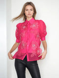 Fongt Temperament Elegant Wind Shirt 2024 Autumn New Nail Bead Three-Dimensional Flower Perspective Shirt Short-Sleeved Jacket Female-Outfit