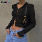 Puss Knitting See Through Black T-Shirts Women Fall Trend Long Sleeve Ruffles Skinny Tops Button Soft Casual Autumn