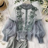 Sheer Lace Lantern Sleeve 3D Floral Elegant