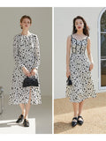 Round Collar Full Regular Sleeve Dress waist Mid-Calf Floral Dress Office Lady Suspender Skirt Spring Long