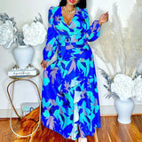 Fongt Spring New Women's Retro Print Deep V Open Fork Dress Dress Dress