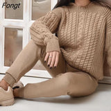 Autumn and Winter Knitted Two-piece Casual Fried Dough Twist Pullover Set Long Sleeve Top Thick Sweaters Women